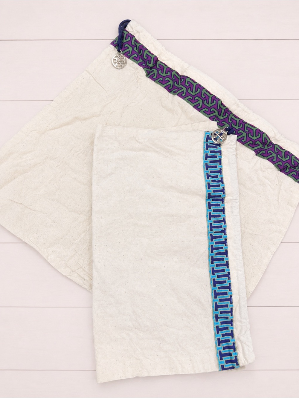 Tory Burch Cream Garment Bags with Blue & Purple Trim